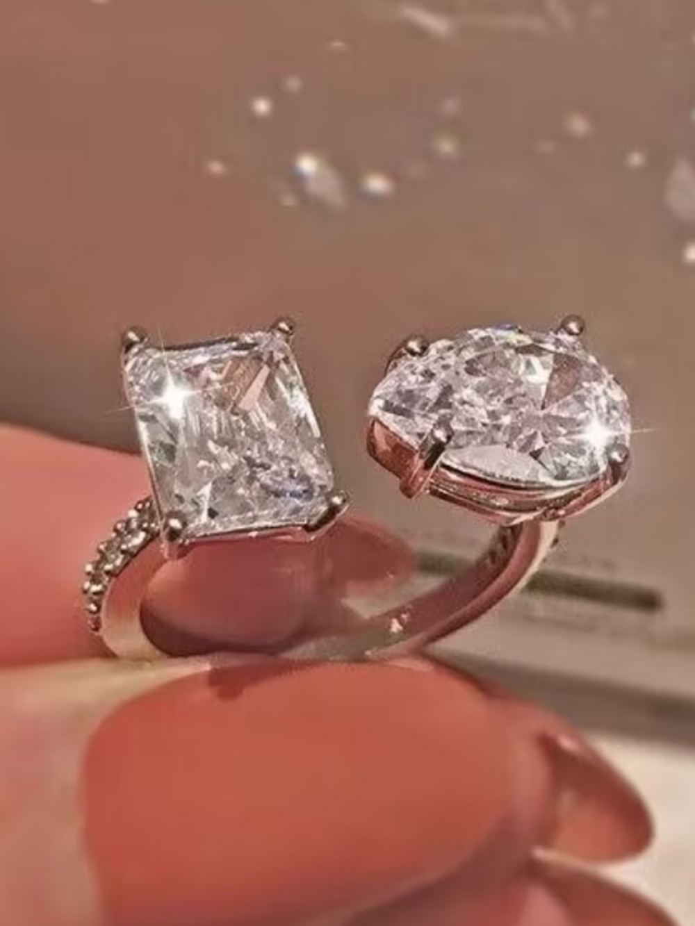 18K White Gold Moissanite Two Stone Ring